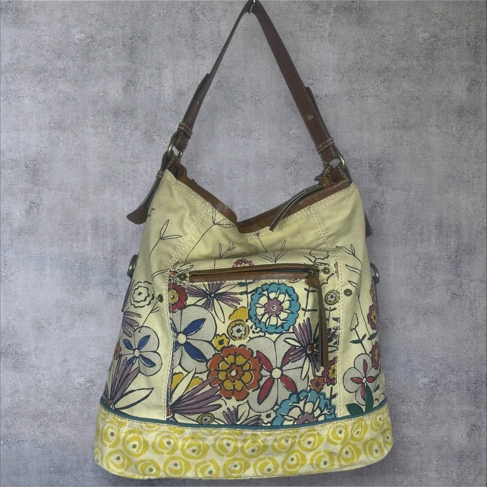 Fossil Long Live Vintage Canvas Floral Retro Hobo Bag Purse Y2K Hippie Boho